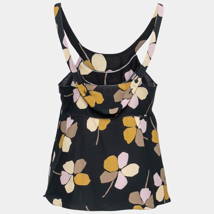 Pre Owned Marni Black Floral Print Silk Pleated Detail Sleeveless Top S