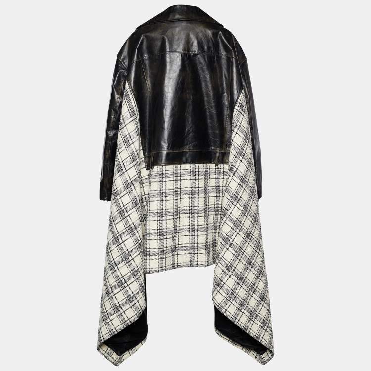 Pre Owned Marni Monochrome Leather & Plaided Wool Layered Long Coat M