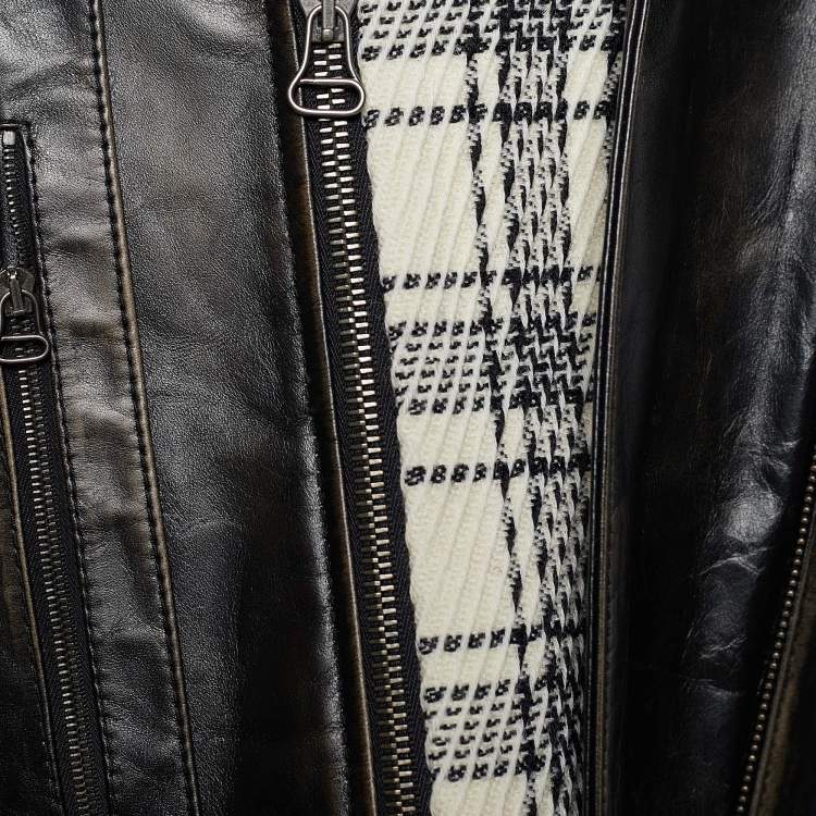 Pre Owned Marni Monochrome Leather & Plaided Wool Layered Long Coat M