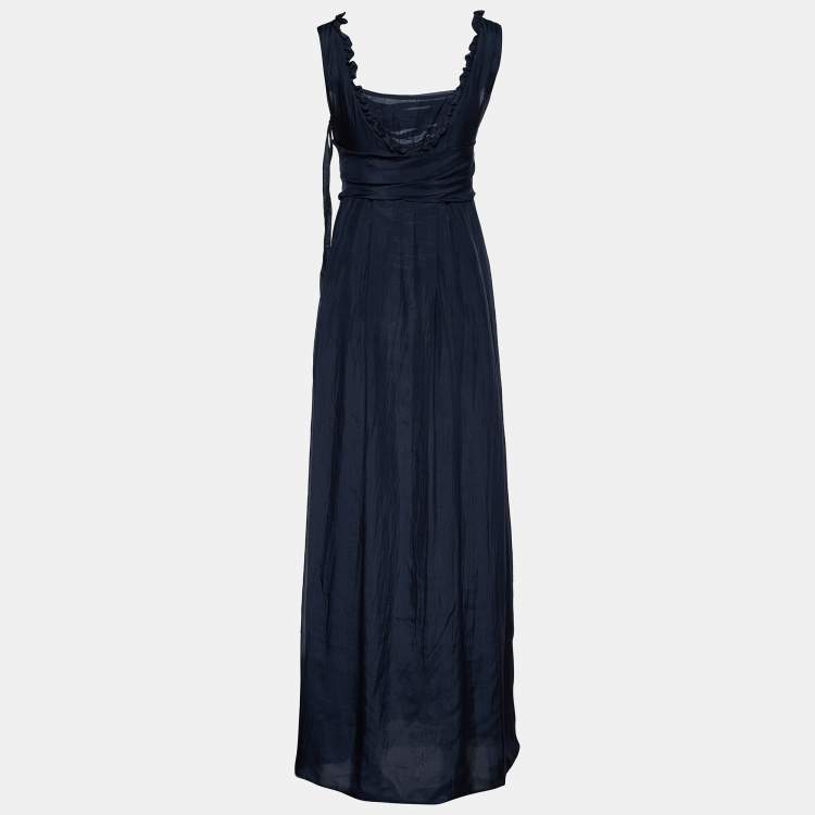 Pre Owned Marni Navy Blue Silk Applique Detail Belted Sleeveless Maxi Dress M