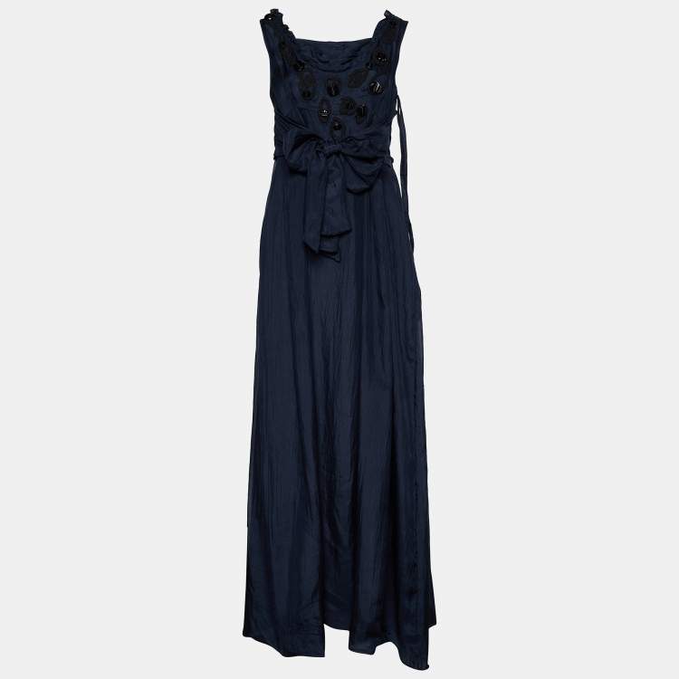 Pre Owned Marni Navy Blue Silk Applique Detail Belted Sleeveless Maxi Dress M