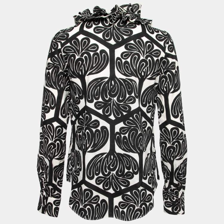 Pre Owned Marni Black Printed Cotton Ruffled Trim Detail Button Front Shirt S