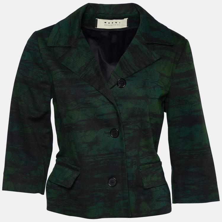 Pre Owned Marni Dark Green Printed Cotton Button Front Cropped Jacket S