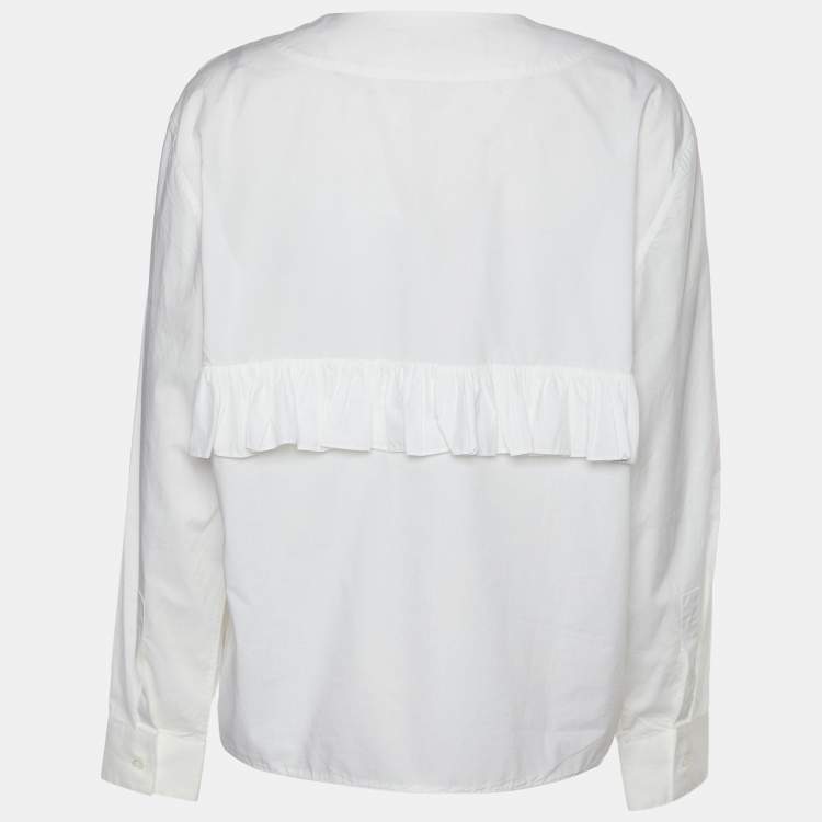 Pre Owned Marni White Cotton Ruffle Detail V-Neck Top L