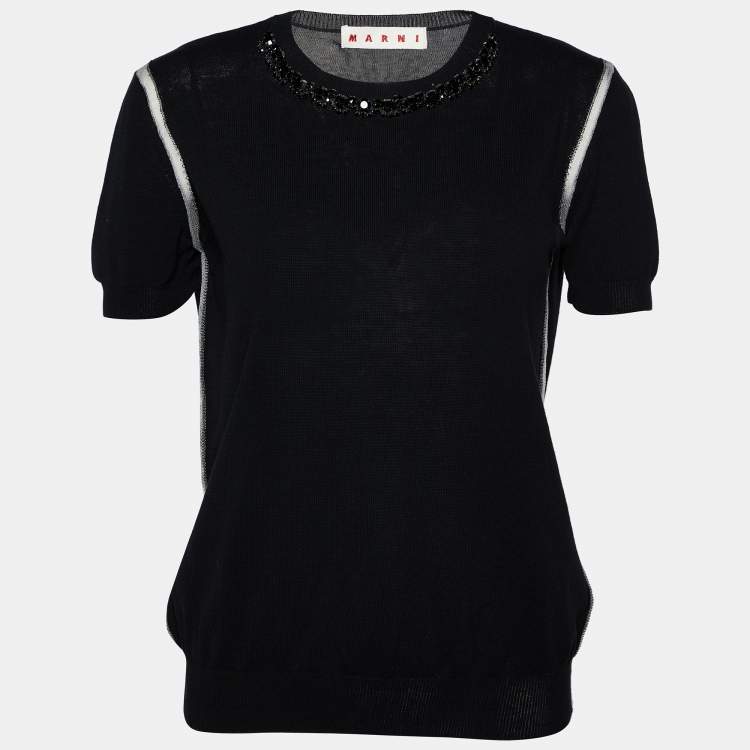 Pre Owned Marni Black Rib Knit Embellished Neck Detail Sweater Top S