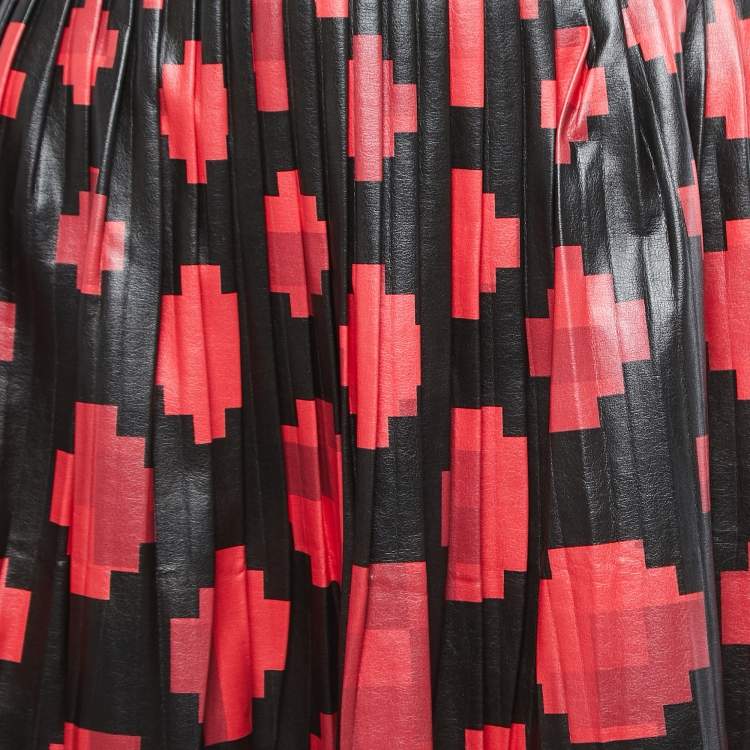Pre Owned Marni Black & Red Pixel Printed faux Leather Plisse Midi Skirt M