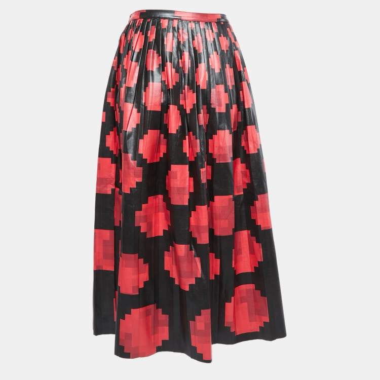 Pre Owned Marni Black & Red Pixel Printed faux Leather Plisse Midi Skirt M