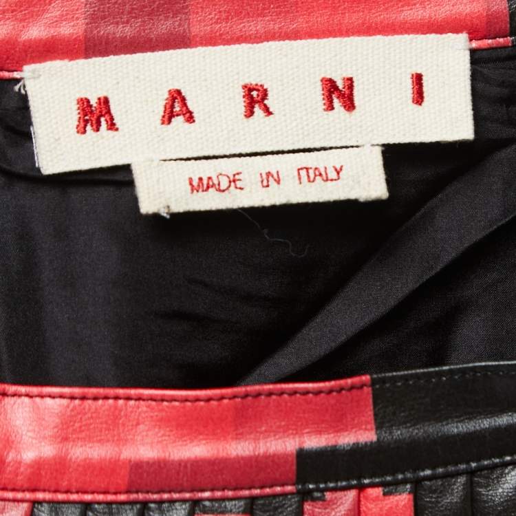 Pre Owned Marni Black & Red Pixel Printed faux Leather Plisse Midi Skirt M