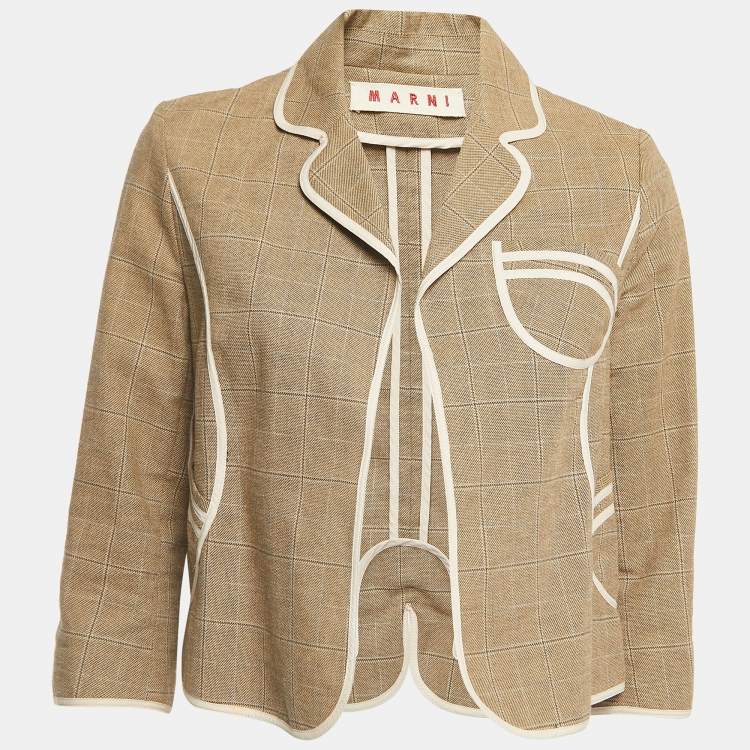 Pre Owned Marni Beige Checked Cotton Open Front Blazer M