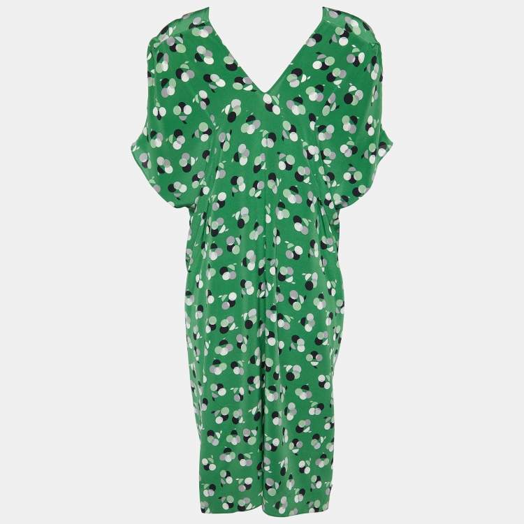 Pre Owned Marni Green Print Silk V-Neck Pleated Short Dress M