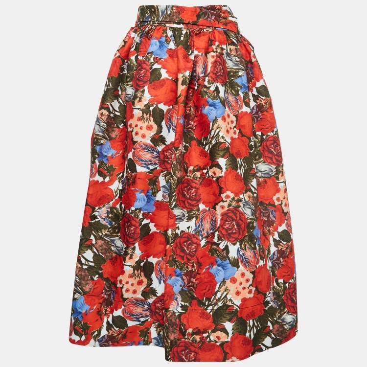 Pre Owned Marni Red Floral Print Cotton Gathered Midi Skirt S