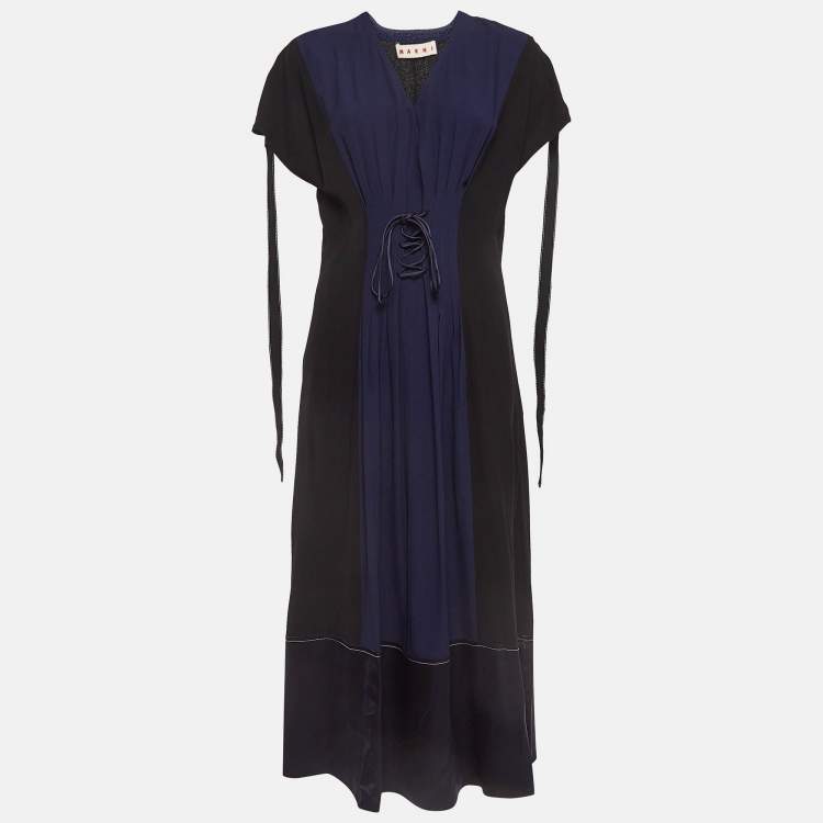 Pre Owned Marni Black and Blue Sateen Lace-Up Waist Detailed Midi Dress S