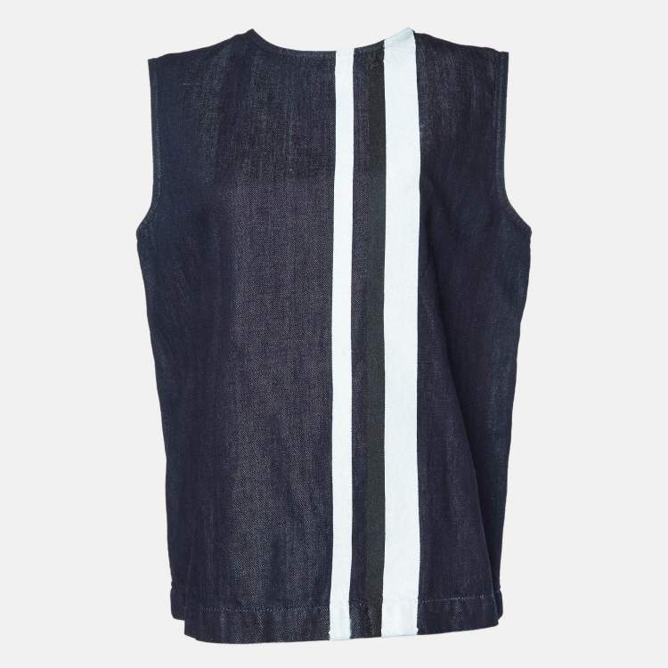 Pre Owned Marni Dark Blue Striped Cotton & Linen Sleeveless Top M