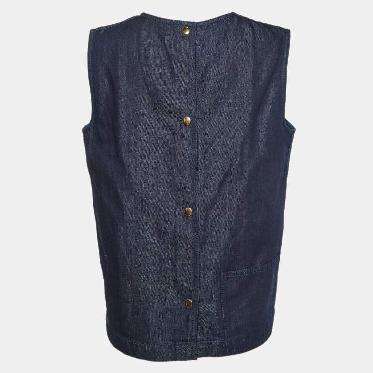 Pre Owned Marni Dark Blue Striped Cotton & Linen Sleeveless Top M