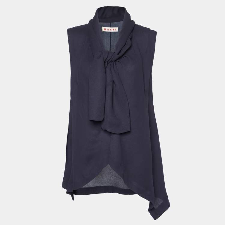 Pre Owned Marni Midnight Blue Crepe Draped Collar Sleeveless Top S