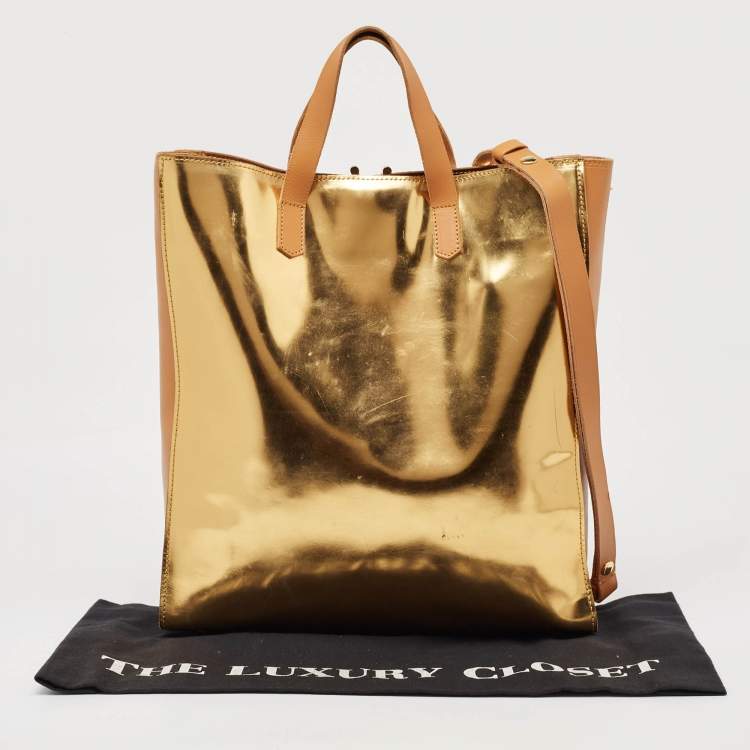 Pre Owned Marni Gold/Beige Patent and Leather Pushlock Tote