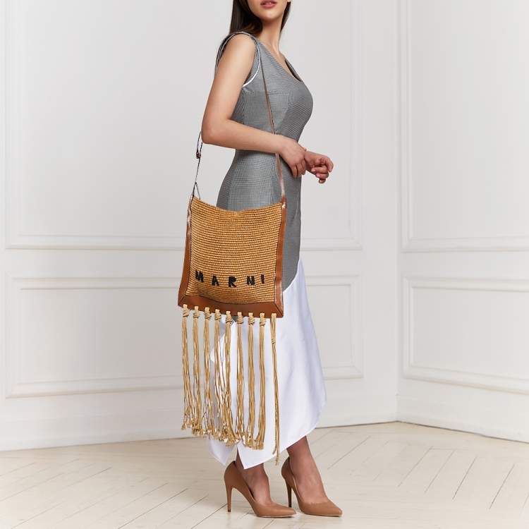Pre Owned Marni Beige/Brown Leather and Raffia Fringe Shoulder Bag