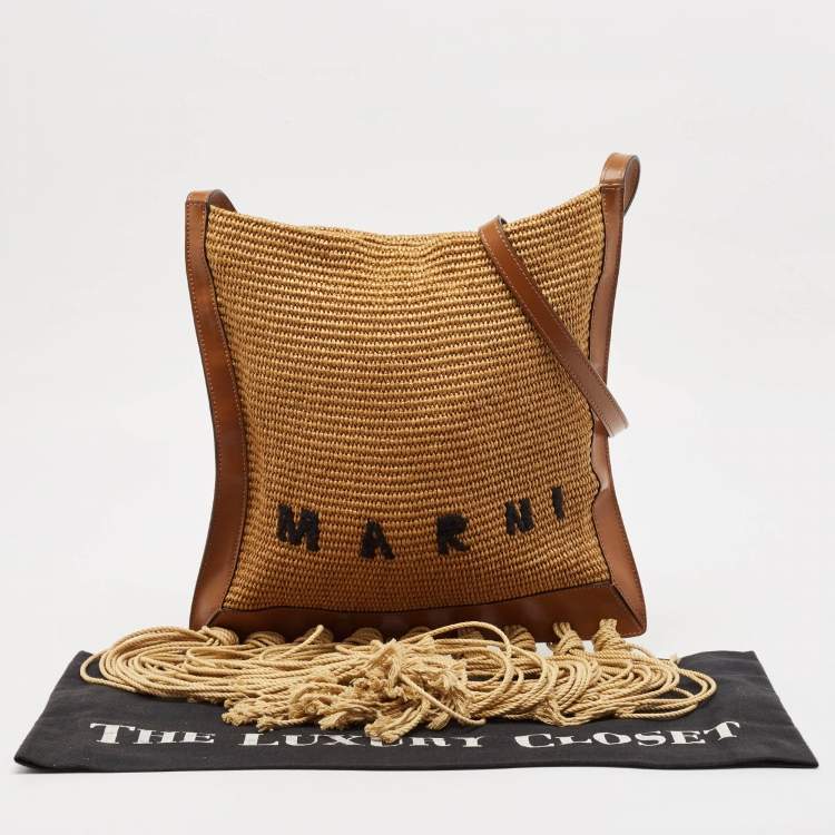 Pre Owned Marni Beige/Brown Leather and Raffia Fringe Shoulder Bag
