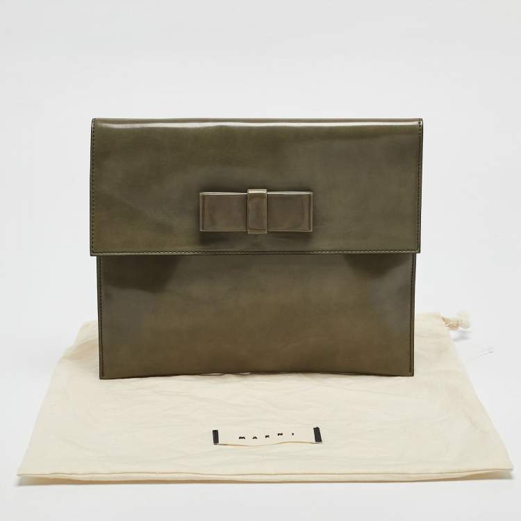 Pre Owned Marni Olive Green Glossy Leather Bow Clutch