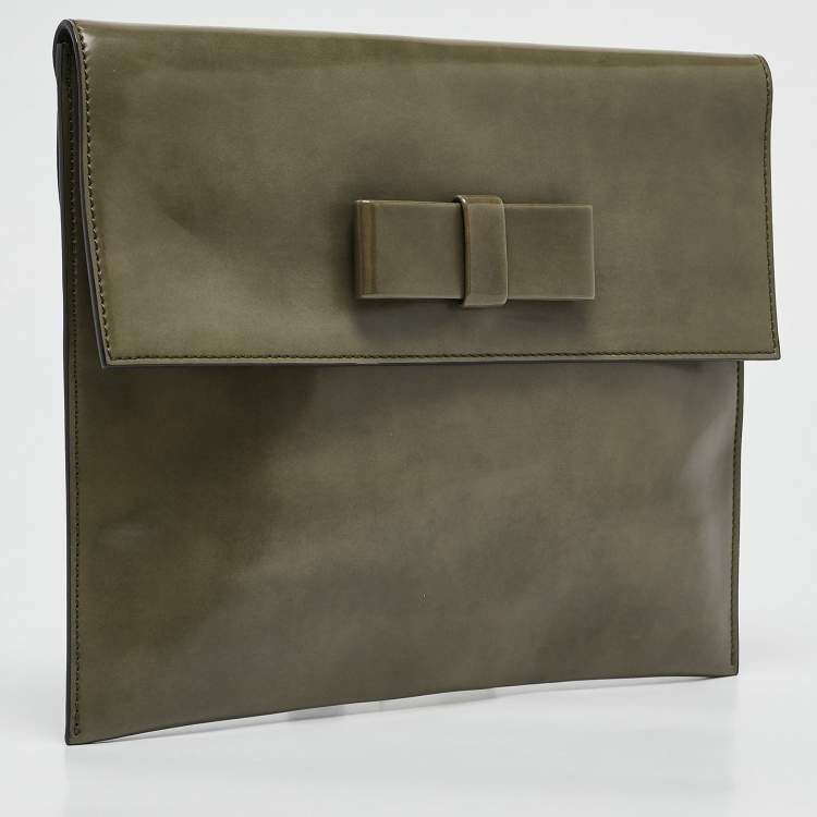Pre Owned Marni Olive Green Glossy Leather Bow Clutch