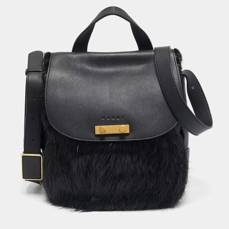 Pre Owned Marni Black Nutria Fur and Leather Messenger Bag