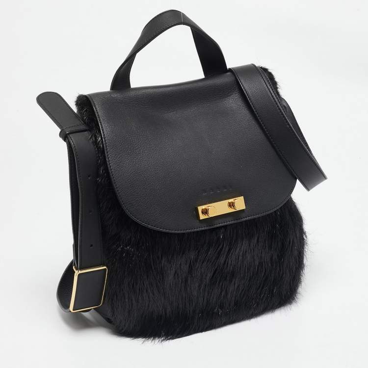 Pre Owned Marni Black Nutria Fur and Leather Messenger Bag