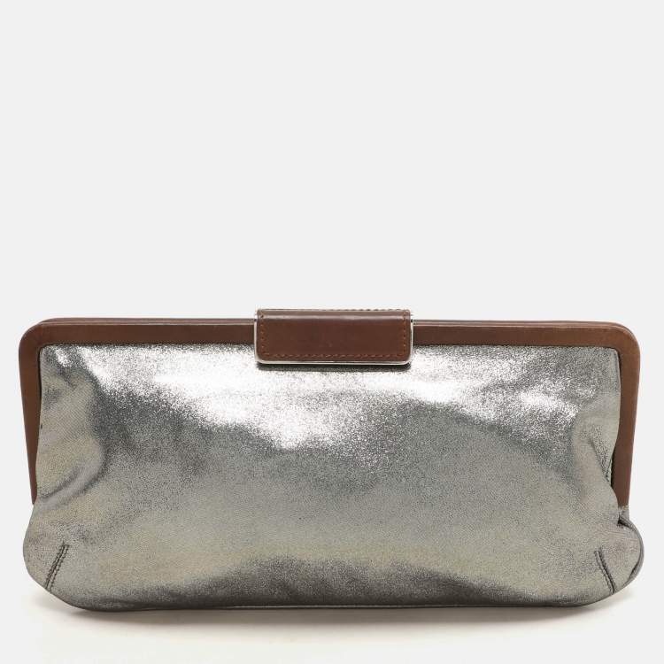 Pre Owned Marni Silver/Brown Leather Frame Clutch