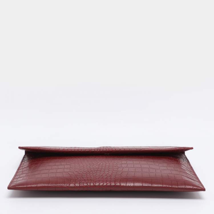 Pre Owned Marni Burgundy Croc Embossed Leather Flap Clutch