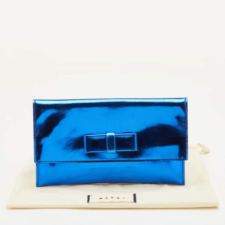 Pre Owned Marni Bow Blue Glossy Leather Flap Clutch