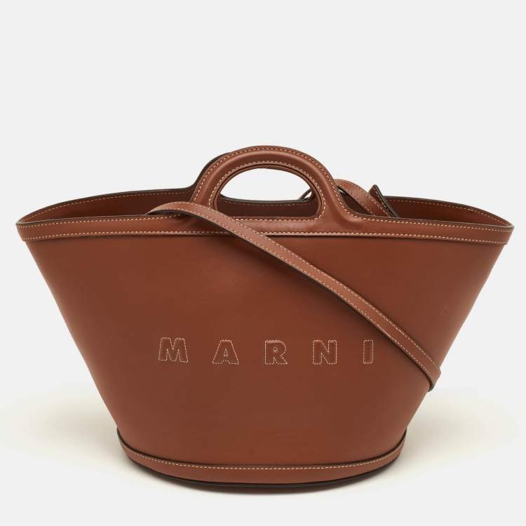Pre Owned Marni Tropicalia Small Brown Leather Logo Embroidered Tote