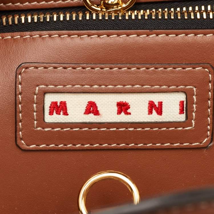 Pre Owned Marni Tropicalia Small Brown Leather Logo Embroidered Tote
