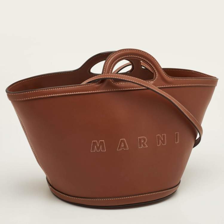 Pre Owned Marni Tropicalia Small Brown Leather Logo Embroidered Tote