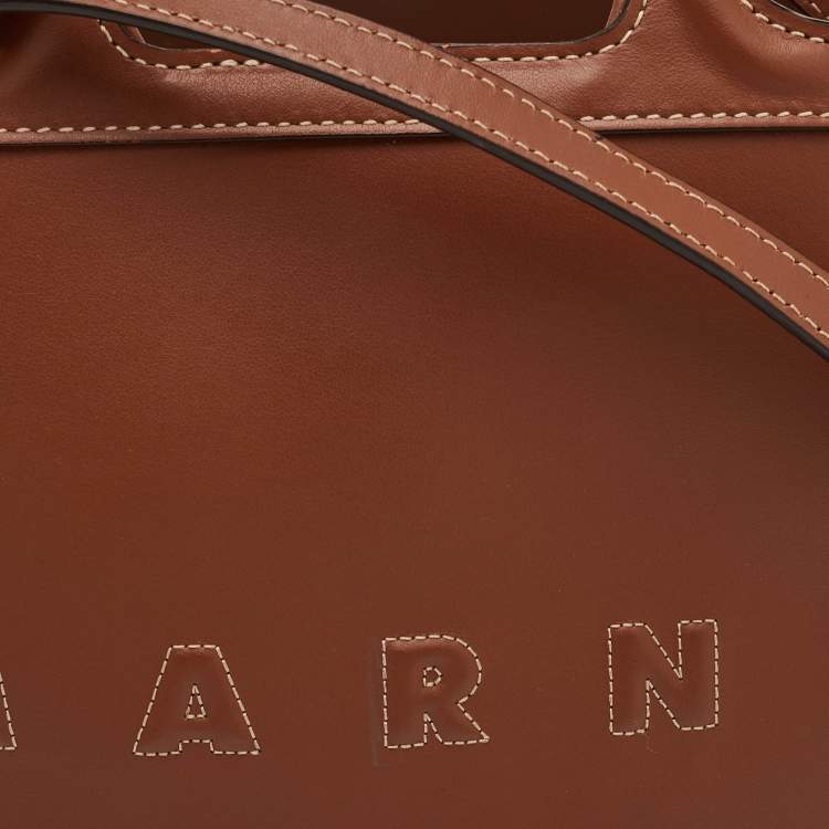 Pre Owned Marni Tropicalia Small Brown Leather Logo Embroidered Tote
