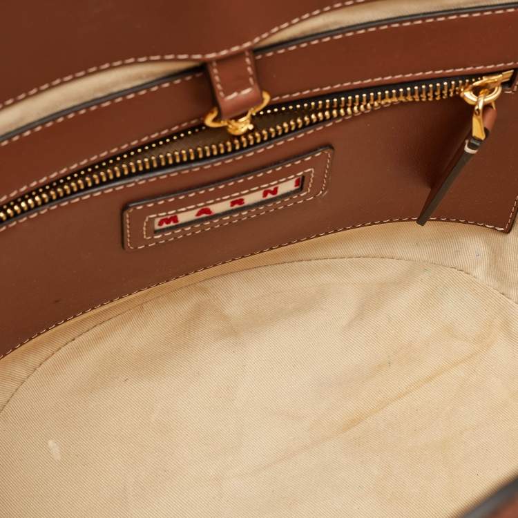 Pre Owned Marni Tropicalia Small Brown Leather Logo Embroidered Tote