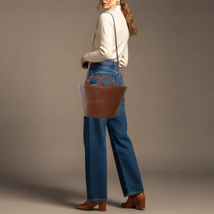 Pre Owned Marni Tropicalia Small Brown Leather Logo Embroidered Tote