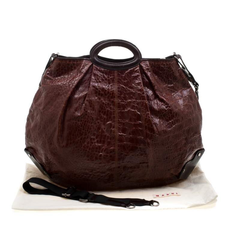 مملوكة مسبقًا Marni Brown Croc Embossed Glaze Leather Balloon Hobo