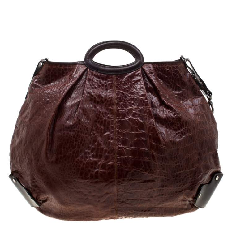 مملوكة مسبقًا Marni Brown Croc Embossed Glaze Leather Balloon Hobo
