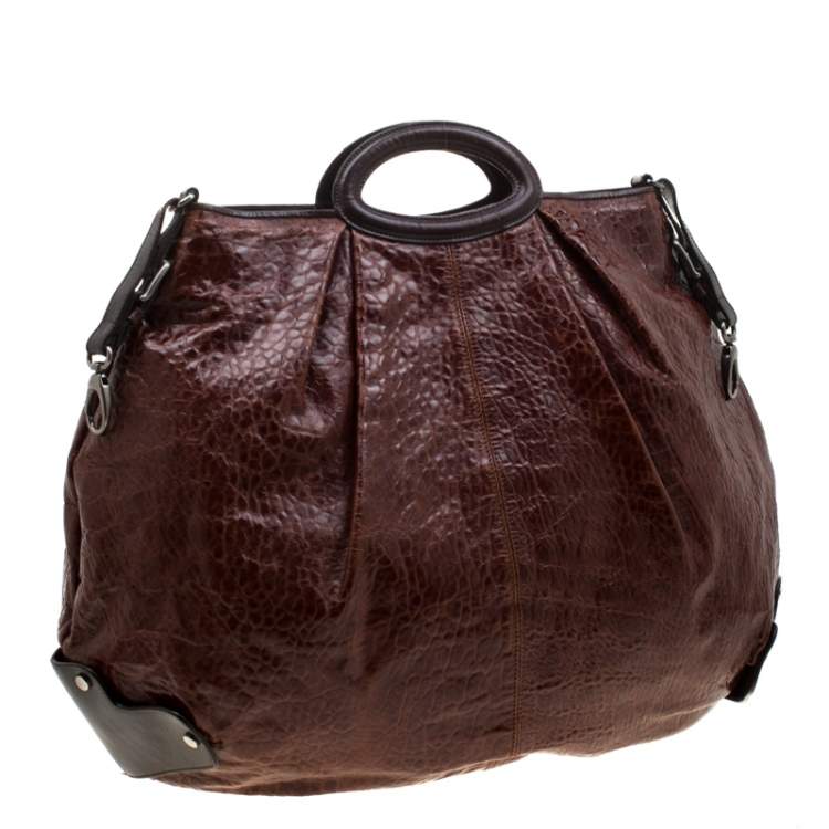 مملوكة مسبقًا Marni Brown Croc Embossed Glaze Leather Balloon Hobo