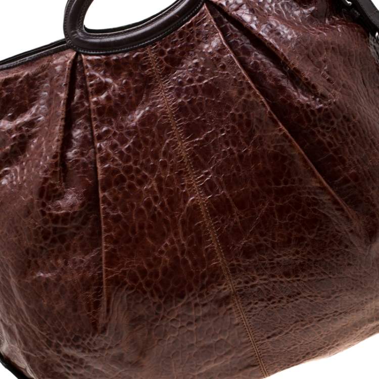 مملوكة مسبقًا Marni Brown Croc Embossed Glaze Leather Balloon Hobo