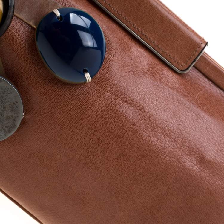 Pre Owned Marni Brown Glaze Leather Multicolor Stone Frame Clutch