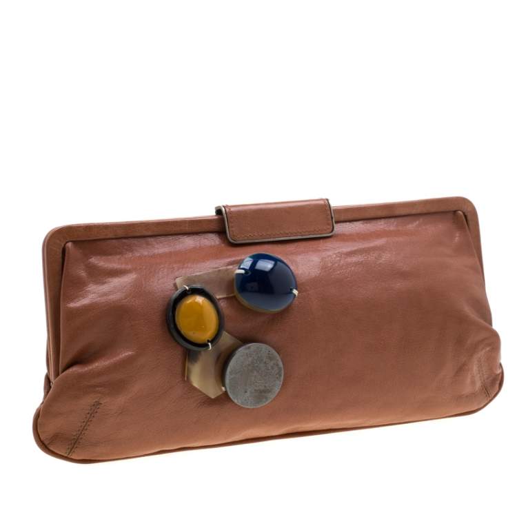 Pre Owned Marni Brown Glaze Leather Multicolor Stone Frame Clutch