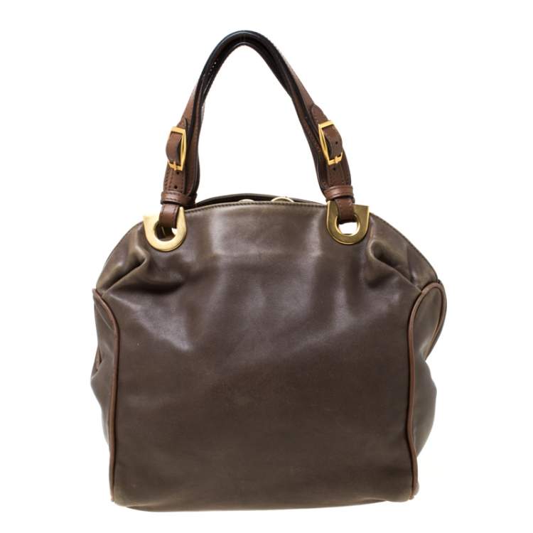 Pre Owned Marni Olive Green/Brown Leather Kiss lock Satchel