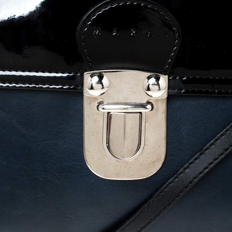 Pre Owned Marni Navy Blue/Black Leather and Patent Leather Flap Crossbody Bag