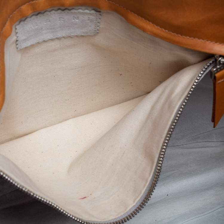 Pre Owned Marni Tan/Gold Floral Print Coated Canvas and Leather Rope Tote 