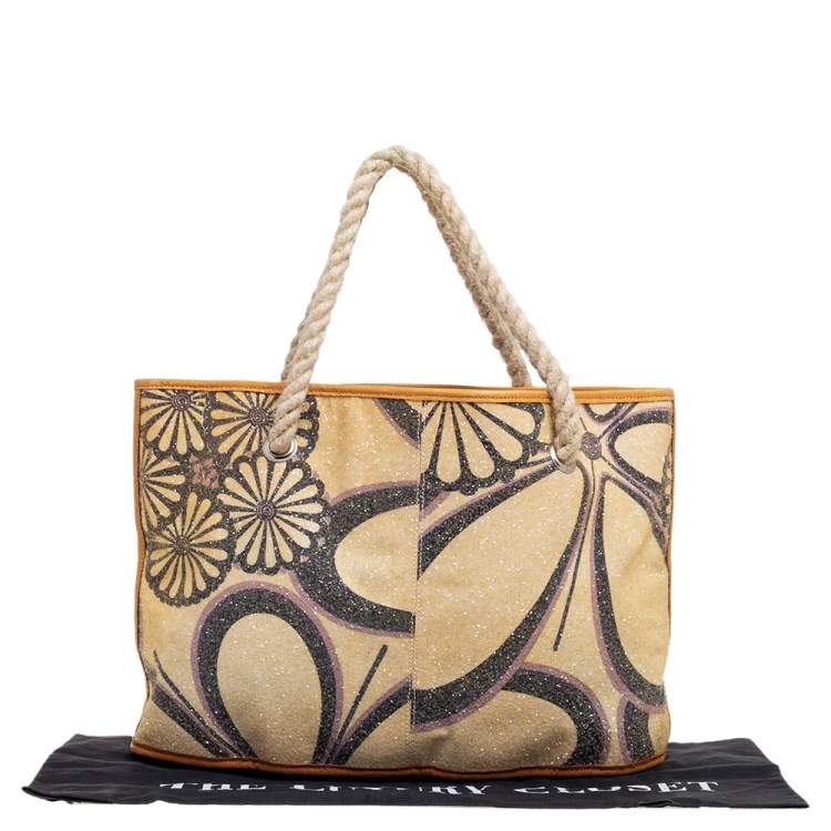 Pre Owned Marni Tan/Gold Floral Print Coated Canvas and Leather Rope Tote 
