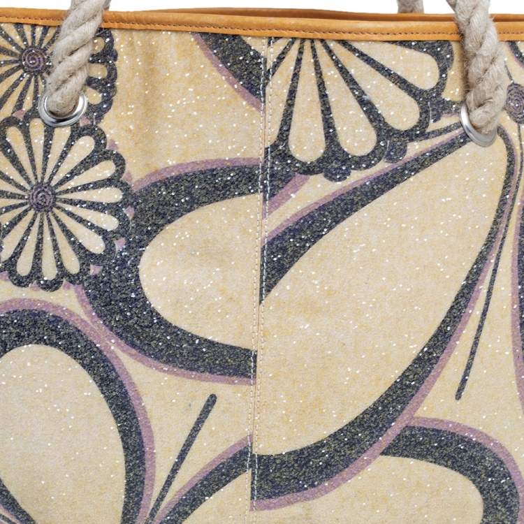 Pre Owned Marni Tan/Gold Floral Print Coated Canvas and Leather Rope Tote 
