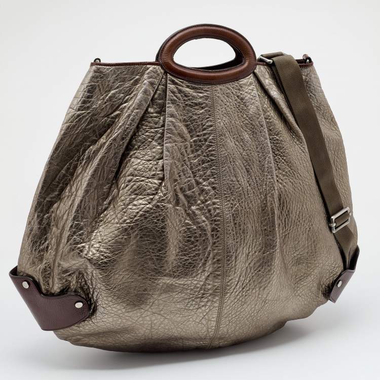 Pre Owned Marni Metallic Grey/Dark Brown Leather Balloon Hobo