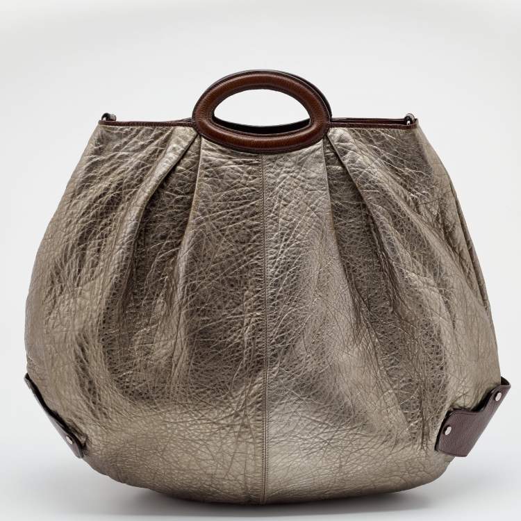 Pre Owned Marni Metallic Grey/Dark Brown Leather Balloon Hobo