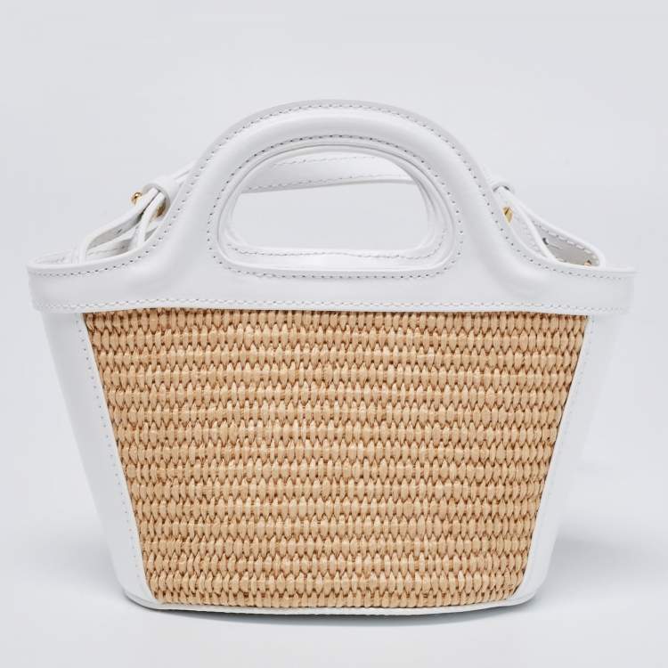 Pre Owned Marni White Embroidered Raffia And Leather Micro Tropicalia Tote
