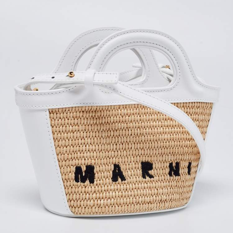 Pre Owned Marni White Embroidered Raffia And Leather Micro Tropicalia Tote